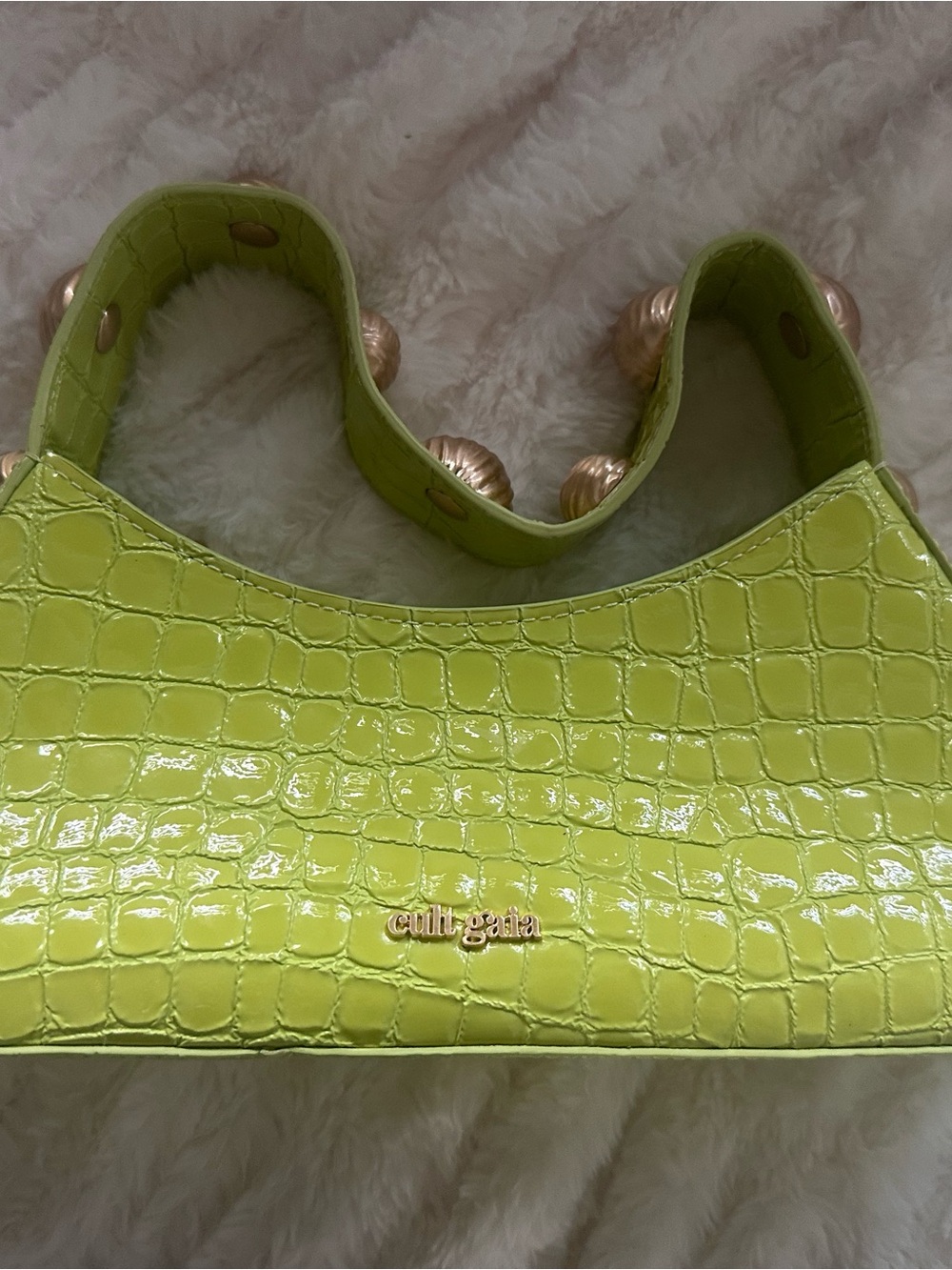 cult gaia Lime Croc-Embossed Shoulder Bag with Shell-Accent Strap